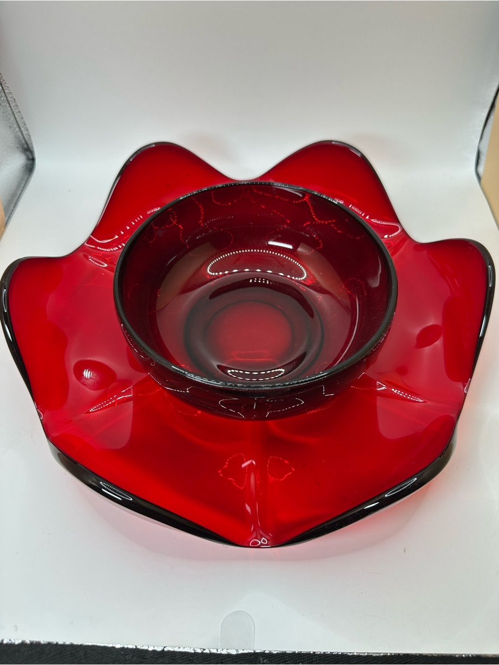 MCM Red Glass Decorative Chip and Dip Bowl Set. Possibly Viking Glass.